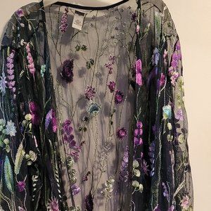 Catherines Topper Open Front Kimono Top Black Floral Sheer Embroidered 3X NWOT